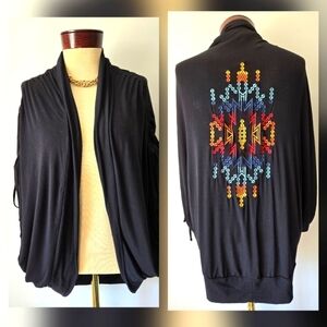 ROCK & ROLL COWGIRL Black Open Front Sweater with Colorful Embroidery Back.Small